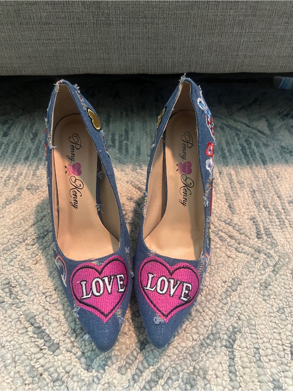 Penny Loves Kenny Denim Pointed Pumps with Pink 'LOVE' Heart